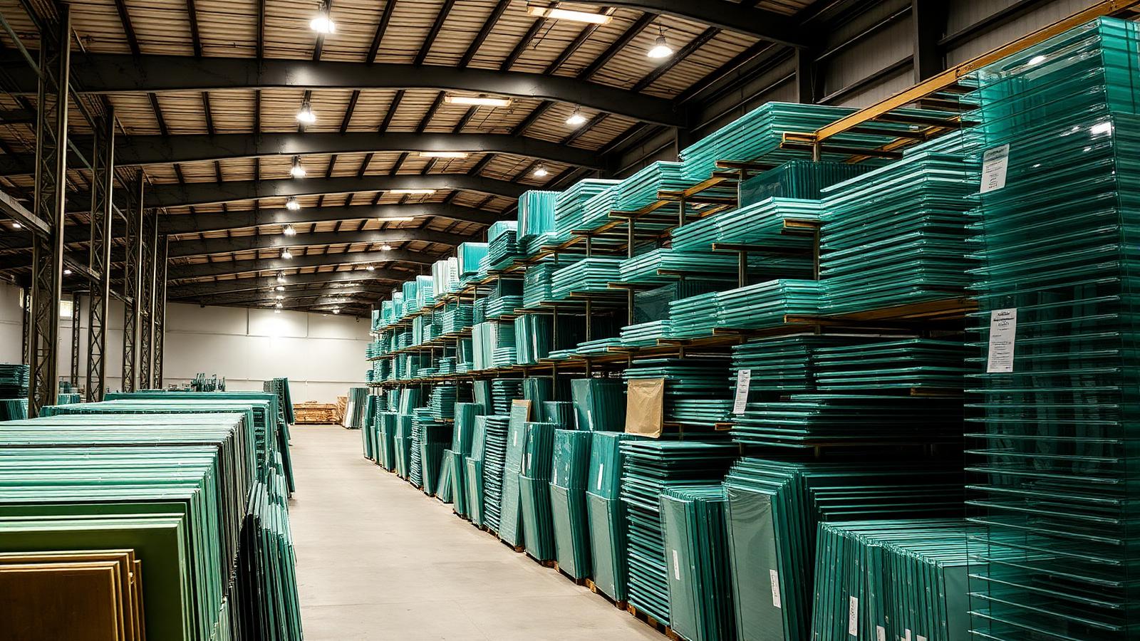 Inside National Glass's warehouse with thousands of stocked glass sheets
